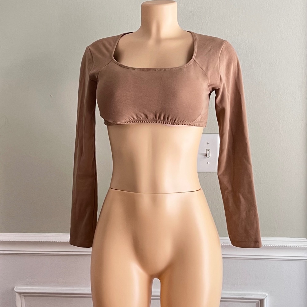 Festival Crop‎ Top Women Small Square Neck Long Sleeve Elastic Hem Brown Indie